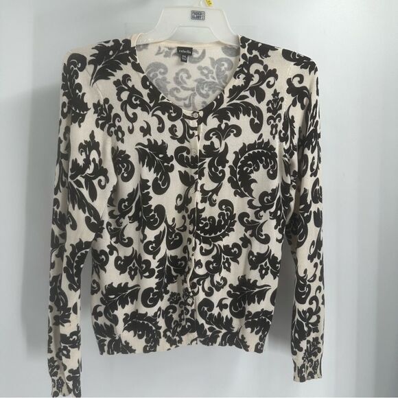 Rafaella Black and Cream Damask Print Light Weight Cotton Cardigan Sweater P/L - Picture 1 of 8